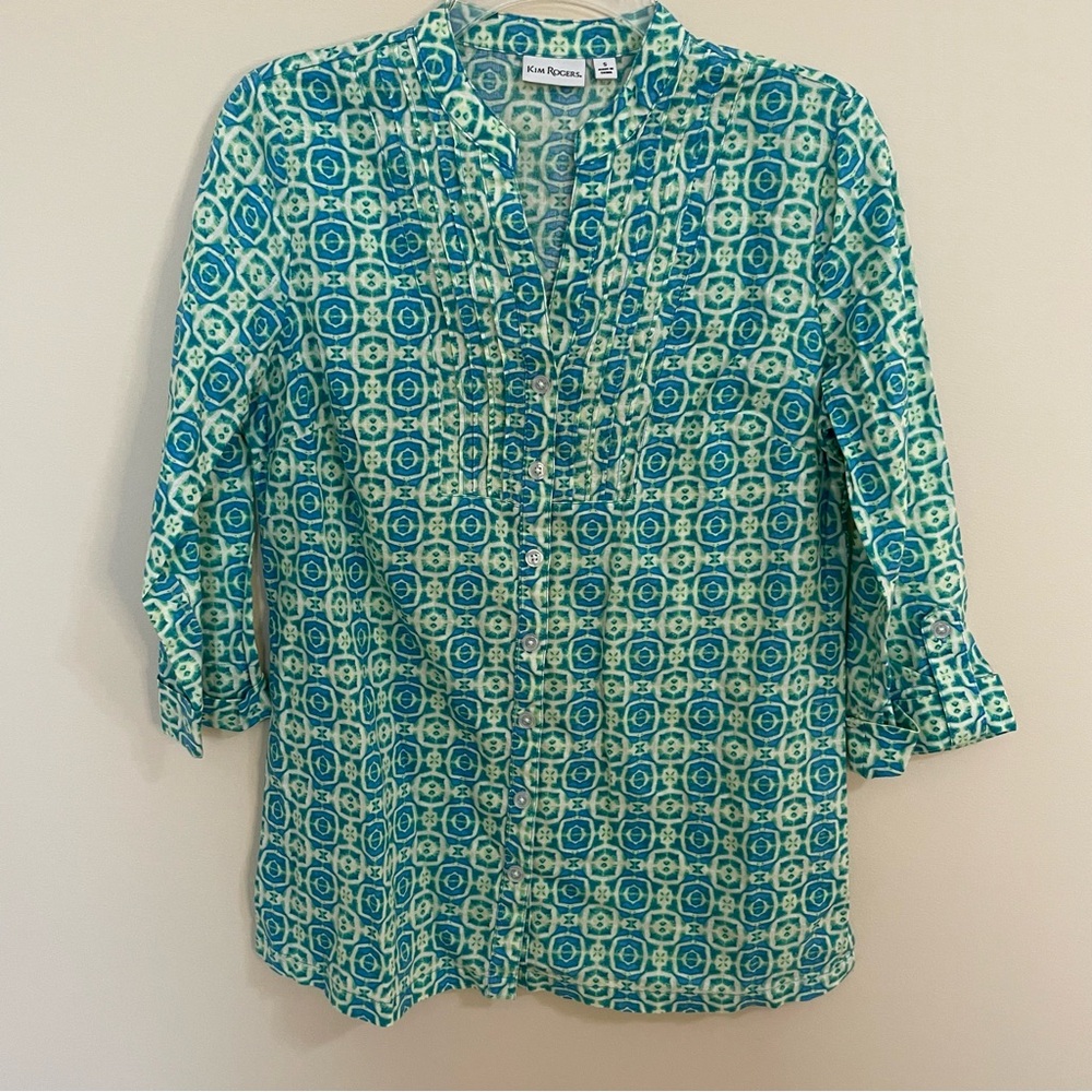 Kim Rogers Teal Patterned Button Down Pintuck 3/4 Sleeve Linen Blouse
Wm Sz S